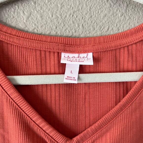 Isabel Maternity Coral Ribbed V Neck Ruched Womens Pregnancy T-Shirt Large - Picture 3 of 7